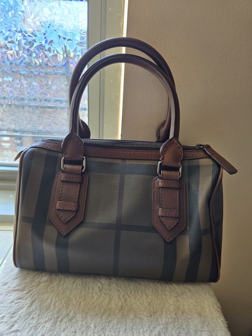 Burberry Classic Plaid Satchel Handbag in Brown and Tan